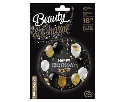 Balon foliowy Happy Birthday czarny, biało złoty nadruk, 45 cm Balon foliowy Happy Birthday czarny, biało złoty nadruk, 45 cm