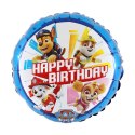 Balon foliowy Psi Patrol okrągły niebieski, Happy Birthday 46 cm