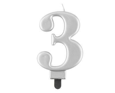 Świeczka cyferka 3, metalik srebrna 8 cm Świeczka cyferka 3, metalik srebrna 8 cm