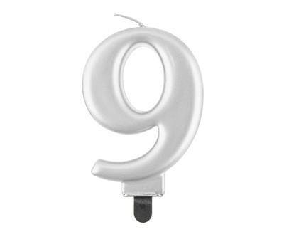 Świeczka cyferka 9, metalik srebrna 8 cm Świeczka cyferka 9, metalik srebrna 8 cm