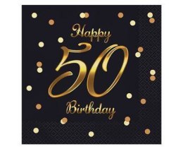 Serwetki urodzinowe Happy 50 Birthday czarne, 33 cm 20 sztuk
