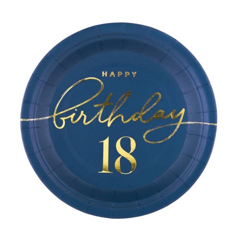 Talerzyk papierowy Happy Birthday 18, granatowy 18cm 6szt. Talerzyk papierowy Happy Birthday 18, granatowy 18cm 6szt.