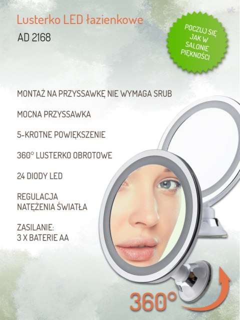 Lusterko LED Adler AD 2168 łazienkowe powiększające do makijażu 24 LED obrotowe 360 przyssawka