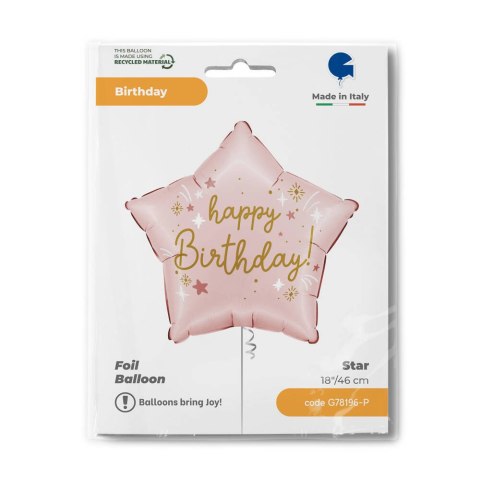Balon foliowy- różowa, gwiazdka Happy Birthday, 45cm