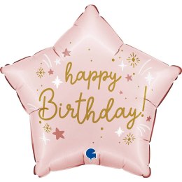 Balon foliowy- różowa, gwiazdka Happy Birthday, 45cm