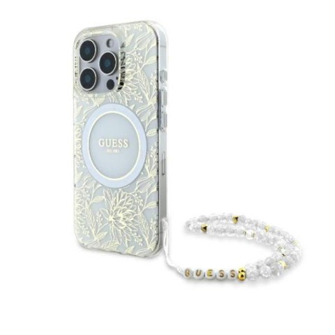 Guess IML Flowers Allover Electro With Pearl Strap MagSafe - Etui iPhone 16 Pro Max (biały) Guess IML Flowers Allover Electro With Pearl Strap MagSafe - Etui iPhone 16 Pro Max (biały)