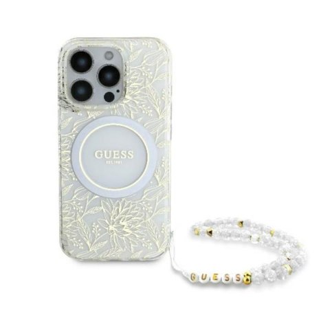 Guess IML Flowers Allover Electro With Pearl Strap MagSafe - Etui iPhone 16 Pro Max (biały) Guess IML Flowers Allover Electro With Pearl Strap MagSafe - Etui iPhone 16 Pro Max (biały)