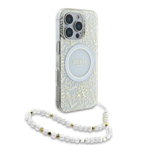 Guess IML Flowers Allover Electro With Pearl Strap MagSafe - Etui iPhone 16 Pro Max (biały) Guess IML Flowers Allover Electro With Pearl Strap MagSafe - Etui iPhone 16 Pro Max (biały)