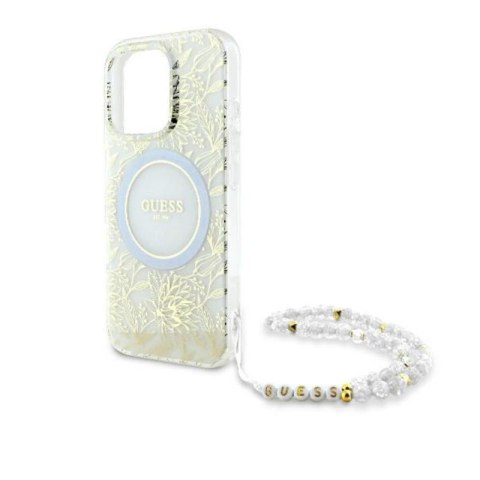 Guess IML Flowers Allover Electro With Pearl Strap MagSafe - Etui iPhone 16 Pro Max (biały) Guess IML Flowers Allover Electro With Pearl Strap MagSafe - Etui iPhone 16 Pro Max (biały)