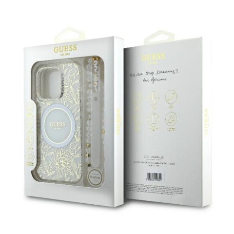 Guess IML Flowers Allover Electro With Pearl Strap MagSafe - Etui iPhone 16 Pro Max (biały) Guess IML Flowers Allover Electro With Pearl Strap MagSafe - Etui iPhone 16 Pro Max (biały)