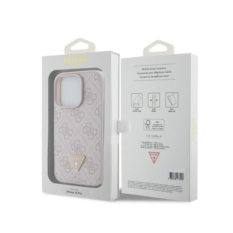 Guess Leather 4G Triangle Strass - Etui iPhone 15 Pro (różowy) Guess Leather 4G Triangle Strass - Etui iPhone 15 Pro (różowy)