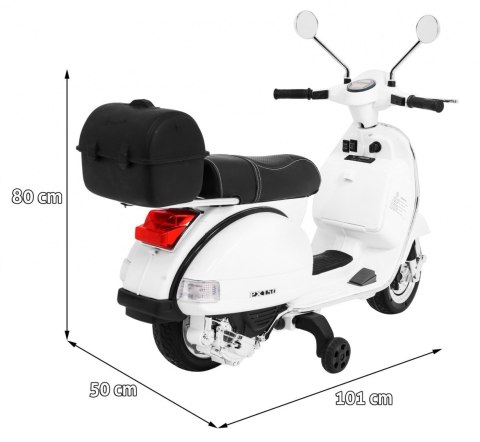 Skuter Vespa elektryczny dla dzieci Biały + Kółka pomocnicze + Audio + Ekoskóra + EVA + Wolny Start Skuter Vespa elektryczny dla dzieci Biały + Kółka pomocnicze + Audio + Ekoskóra + EVA + Wolny Start