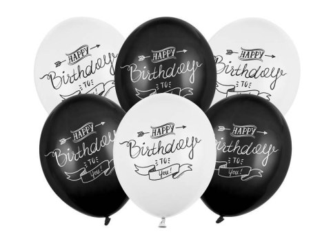 Balony urodzinowe, Happy Birthday czarno białe 30cm, 6 szt. Balony urodzinowe, Happy Birthday czarno białe 30cm, 6 szt.