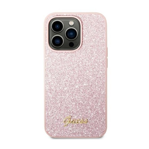 Guess Glitter Flakes Metal Logo Case - Etui iPhone 14 Pro (różowy) Guess Glitter Flakes Metal Logo Case - Etui iPhone 14 Pro (różowy)