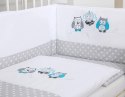 Komplet pościeli dla dzieci 135x100cm z ochraniaczem 3-cz Sówki szare z haftem szaro-turkusowym