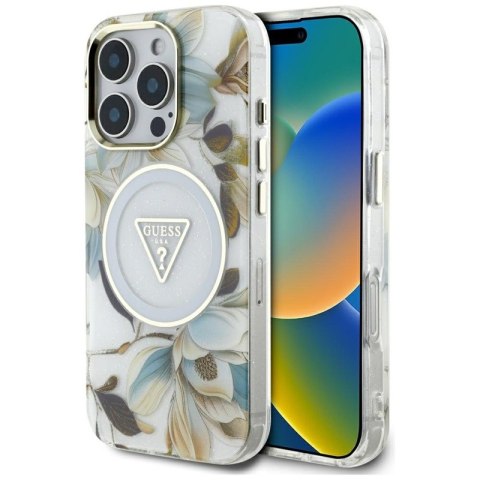 Guess Glitter Flowers Triangle Buttons MagSafe - Etui do iPhone 16 Pro Max (biały)