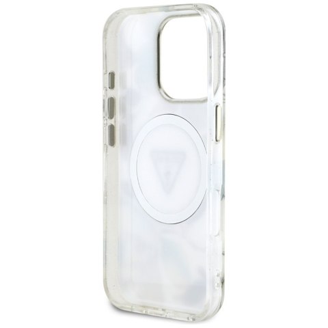 Guess Glitter Flowers Triangle Buttons MagSafe - Etui do iPhone 16 Pro Max (biały)