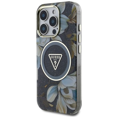Guess Glitter Flowers Triangle Buttons MagSafe - Etui do iPhone 16 Pro Max (czarny) Guess Glitter Flowers Triangle Buttons MagSafe - Etui do iPhone 16 Pro Max (czarny)