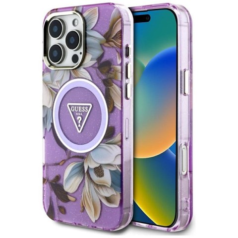 Guess Glitter Flowers Triangle Buttons MagSafe - Etui do iPhone 16 Pro Max (fioletowy) Guess Glitter Flowers Triangle Buttons MagSafe - Etui do iPhone 16 Pro Max (fioletowy)