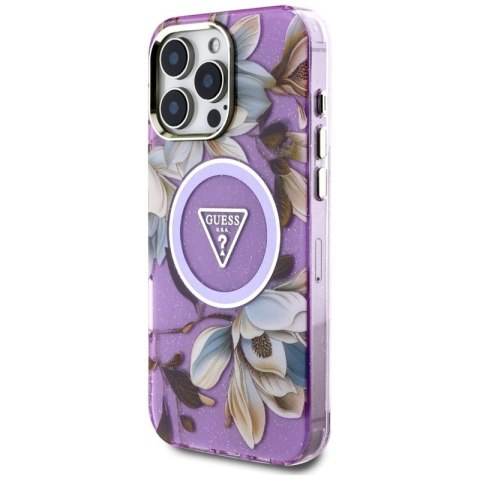 Guess Glitter Flowers Triangle Buttons MagSafe - Etui do iPhone 16 Pro Max (fioletowy) Guess Glitter Flowers Triangle Buttons MagSafe - Etui do iPhone 16 Pro Max (fioletowy)