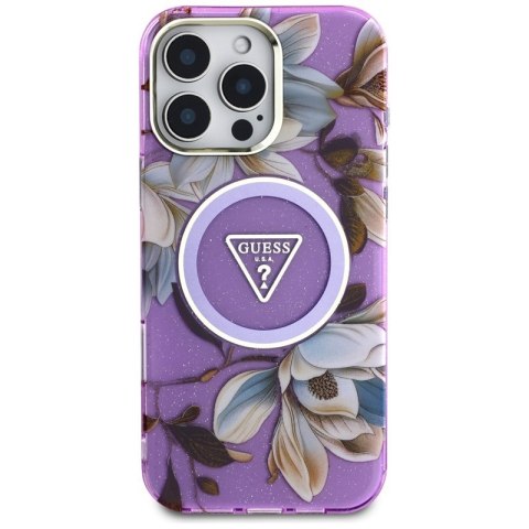 Guess Glitter Flowers Triangle Buttons MagSafe - Etui do iPhone 16 Pro Max (fioletowy) Guess Glitter Flowers Triangle Buttons MagSafe - Etui do iPhone 16 Pro Max (fioletowy)