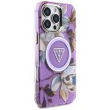 Guess Glitter Flowers Triangle Buttons MagSafe - Etui do iPhone 16 Pro Max (fioletowy)