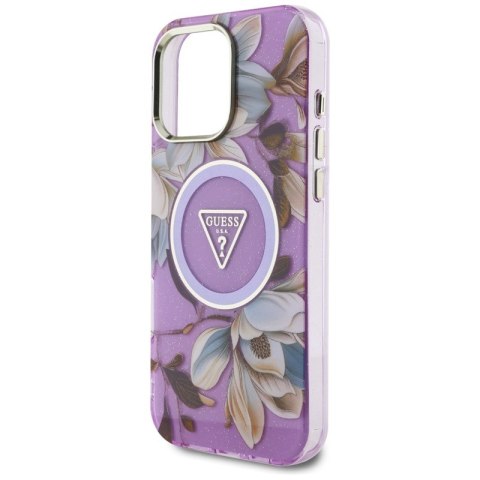 Guess Glitter Flowers Triangle Buttons MagSafe - Etui do iPhone 16 Pro Max (fioletowy) Guess Glitter Flowers Triangle Buttons MagSafe - Etui do iPhone 16 Pro Max (fioletowy)