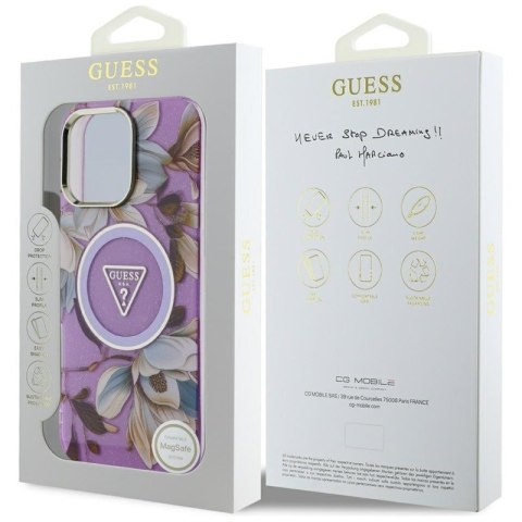 Guess Glitter Flowers Triangle Buttons MagSafe - Etui do iPhone 16 Pro Max (fioletowy) Guess Glitter Flowers Triangle Buttons MagSafe - Etui do iPhone 16 Pro Max (fioletowy)