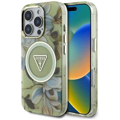 Guess Glitter Flowers Triangle Buttons MagSafe - Etui do iPhone 16 Pro Max (zielony) Guess Glitter Flowers Triangle Buttons MagSafe - Etui do iPhone 16 Pro Max (zielony)