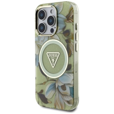 Guess Glitter Flowers Triangle Buttons MagSafe - Etui do iPhone 16 Pro Max (zielony) Guess Glitter Flowers Triangle Buttons MagSafe - Etui do iPhone 16 Pro Max (zielony)