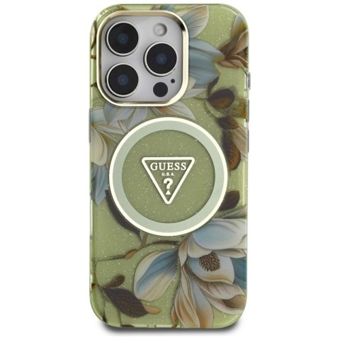 Guess Glitter Flowers Triangle Buttons MagSafe - Etui do iPhone 16 Pro Max (zielony) Guess Glitter Flowers Triangle Buttons MagSafe - Etui do iPhone 16 Pro Max (zielony)