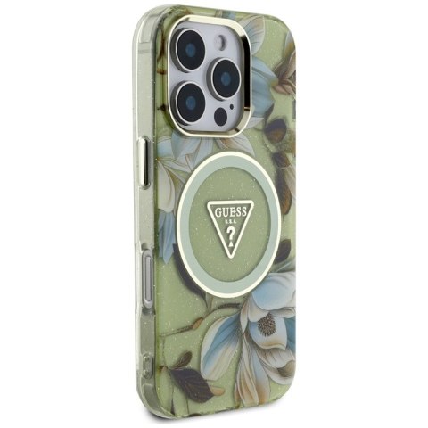 Guess Glitter Flowers Triangle Buttons MagSafe - Etui do iPhone 16 Pro Max (zielony) Guess Glitter Flowers Triangle Buttons MagSafe - Etui do iPhone 16 Pro Max (zielony)