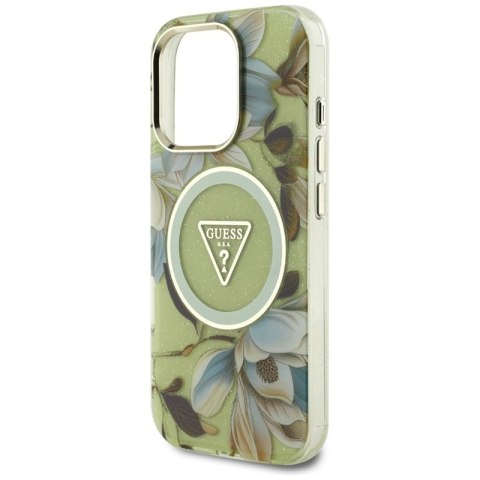 Guess Glitter Flowers Triangle Buttons MagSafe - Etui do iPhone 16 Pro Max (zielony) Guess Glitter Flowers Triangle Buttons MagSafe - Etui do iPhone 16 Pro Max (zielony)