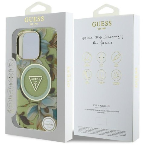 Guess Glitter Flowers Triangle Buttons MagSafe - Etui do iPhone 16 Pro Max (zielony) Guess Glitter Flowers Triangle Buttons MagSafe - Etui do iPhone 16 Pro Max (zielony)