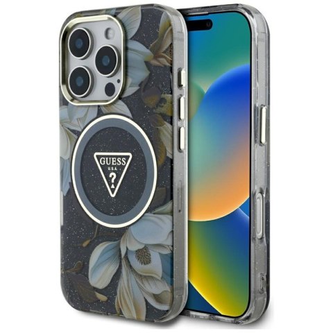 Guess Glitter Flowers Triangle Buttons MagSafe - Etui do iPhone 16 Pro (czarny) Guess Glitter Flowers Triangle Buttons MagSafe - Etui do iPhone 16 Pro (czarny)