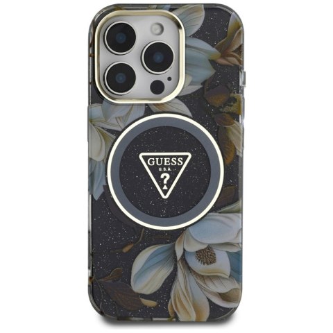 Guess Glitter Flowers Triangle Buttons MagSafe - Etui do iPhone 16 Pro (czarny) Guess Glitter Flowers Triangle Buttons MagSafe - Etui do iPhone 16 Pro (czarny)
