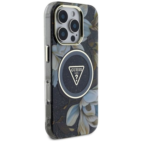 Guess Glitter Flowers Triangle Buttons MagSafe - Etui do iPhone 16 Pro (czarny) Guess Glitter Flowers Triangle Buttons MagSafe - Etui do iPhone 16 Pro (czarny)