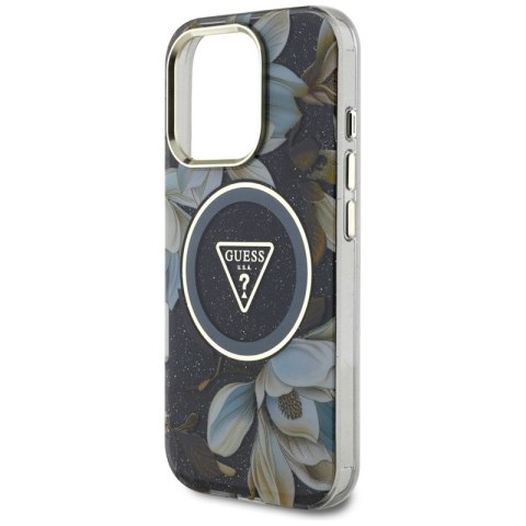 Guess Glitter Flowers Triangle Buttons MagSafe - Etui do iPhone 16 Pro (czarny) Guess Glitter Flowers Triangle Buttons MagSafe - Etui do iPhone 16 Pro (czarny)