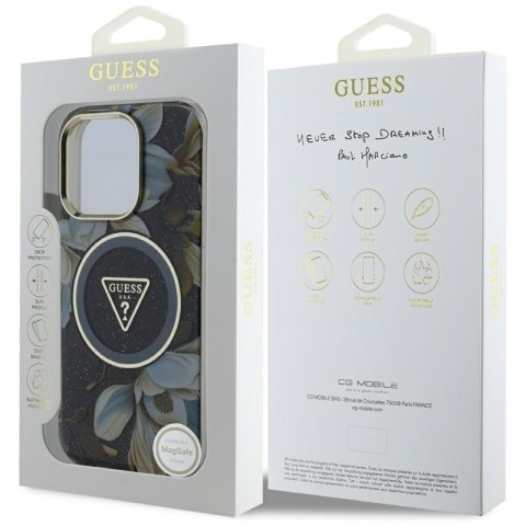 Guess Glitter Flowers Triangle Buttons MagSafe - Etui do iPhone 16 Pro (czarny) Guess Glitter Flowers Triangle Buttons MagSafe - Etui do iPhone 16 Pro (czarny)