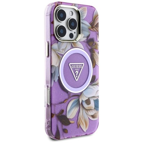 Guess Glitter Flowers Triangle Buttons MagSafe - Etui do iPhone 16 Pro (fioletowy) Guess Glitter Flowers Triangle Buttons MagSafe - Etui do iPhone 16 Pro (fioletowy)
