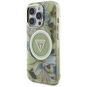 Guess Glitter Flowers Triangle Buttons MagSafe - Etui do iPhone 16 Pro (zielony)