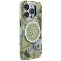 Guess Glitter Flowers Triangle Buttons MagSafe - Etui do iPhone 16 Pro (zielony)
