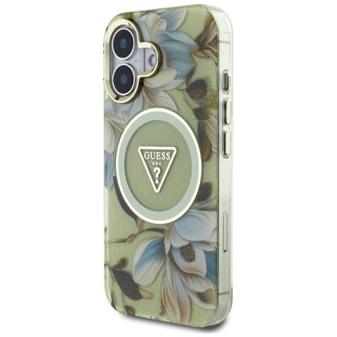 Guess Glitter Flowers Triangle Buttons MagSafe - Etui do iPhone 16 zielony Guess Glitter Flowers Triangle Buttons MagSafe - Etui do iPhone 16 zielony