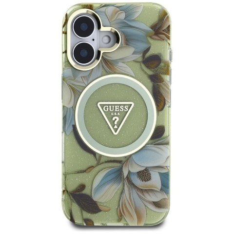 Guess Glitter Flowers Triangle Buttons MagSafe - Etui do iPhone 16 zielony Guess Glitter Flowers Triangle Buttons MagSafe - Etui do iPhone 16 zielony
