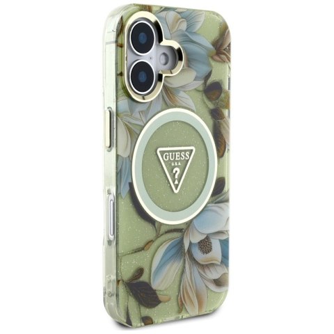 Guess Glitter Flowers Triangle Buttons MagSafe - Etui do iPhone 16 zielony Guess Glitter Flowers Triangle Buttons MagSafe - Etui do iPhone 16 zielony
