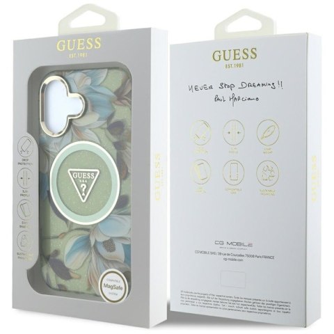 Guess Glitter Flowers Triangle Buttons MagSafe - Etui do iPhone 16 zielony Guess Glitter Flowers Triangle Buttons MagSafe - Etui do iPhone 16 zielony
