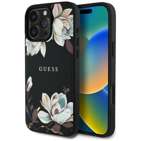 Guess Grained Printed Flower Pattern MagSafe - Etui do iPhone 16 Pro Max (czarny) Guess Grained Printed Flower Pattern MagSafe - Etui do iPhone 16 Pro Max (czarny)