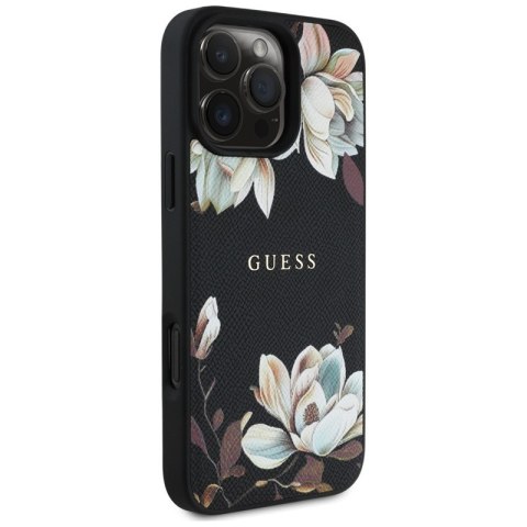 Guess Grained Printed Flower Pattern MagSafe - Etui do iPhone 16 Pro Max (czarny) Guess Grained Printed Flower Pattern MagSafe - Etui do iPhone 16 Pro Max (czarny)