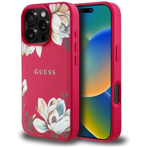 Guess Grained Printed Flower Pattern MagSafe - Etui do iPhone 16 Pro Max (fuksja) Guess Grained Printed Flower Pattern MagSafe - Etui do iPhone 16 Pro Max (fuksja)