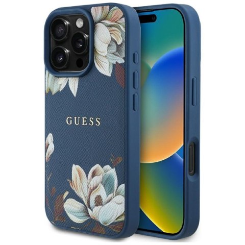 Guess Grained Printed Flower Pattern MagSafe - Etui do iPhone 16 Pro Max (niebieski) Guess Grained Printed Flower Pattern MagSafe - Etui do iPhone 16 Pro Max (niebieski)